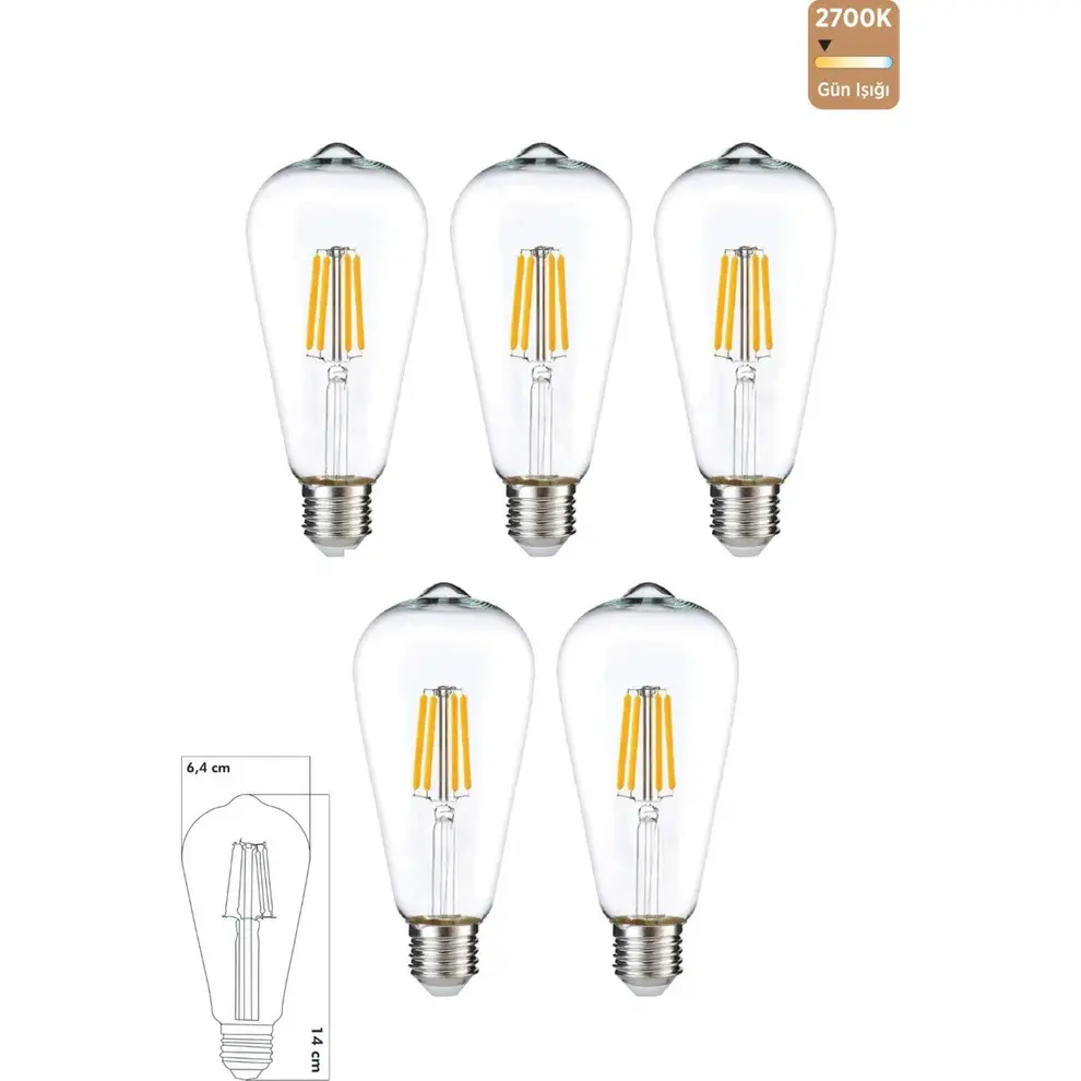 5 ADET ST64 LED ŞEFFAF AMPÜL E27 6W 2700K (GÜNIŞIĞI)
