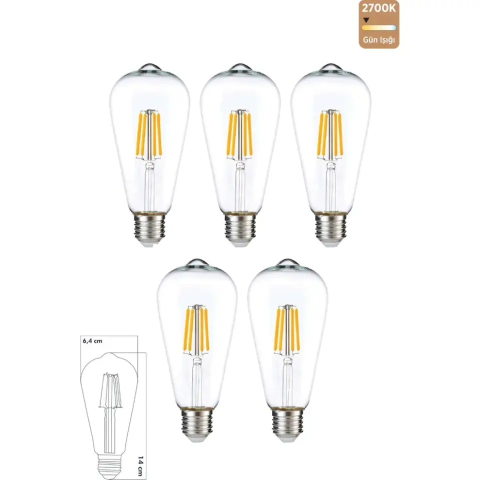 5 ADET ST64 LED ŞEFFAF AMPÜL E27 6W 2700K (GÜNIŞIĞI)