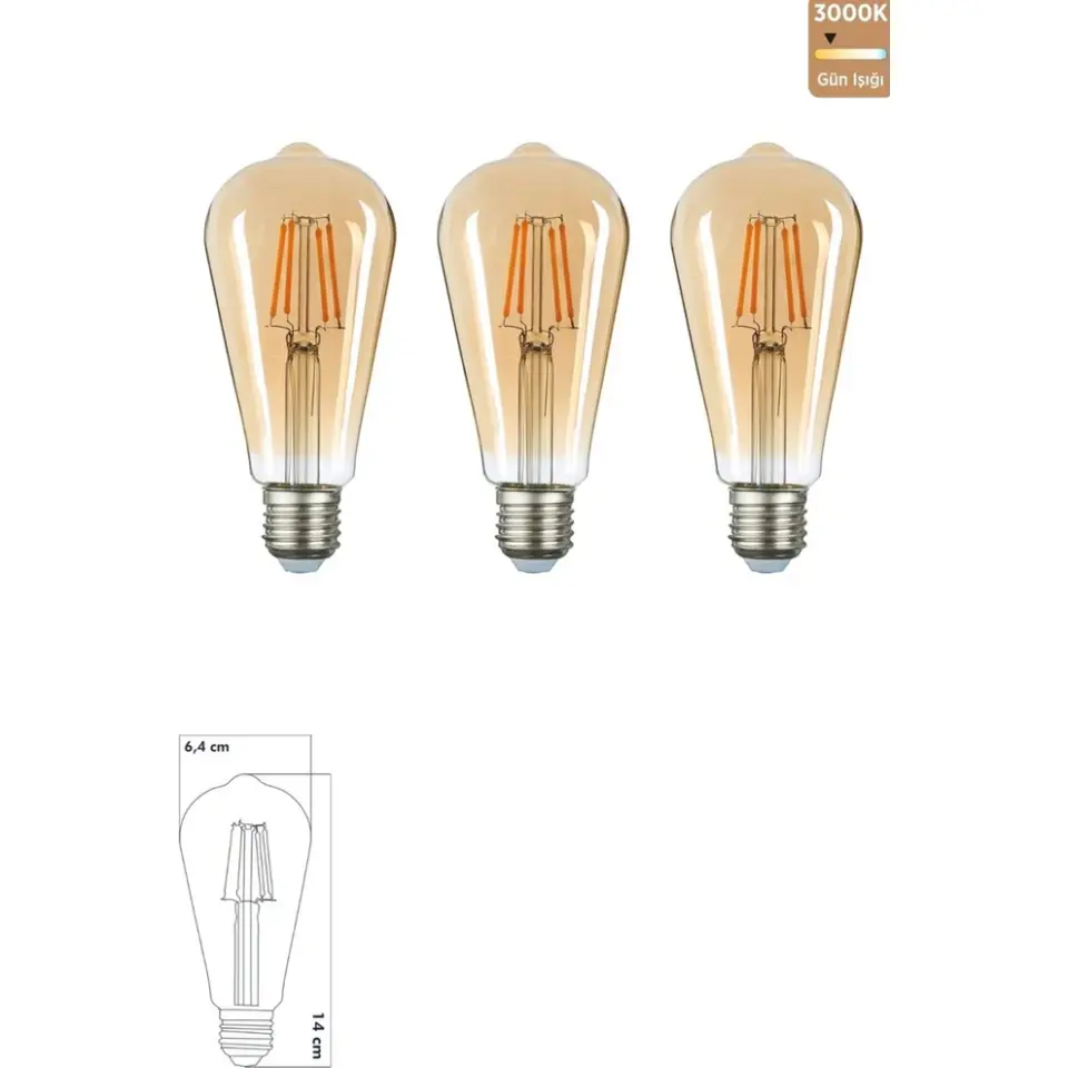 3 ADET ST64 LED AMPÜL BAL E27 6W 2700K (GÜNIŞIĞI)