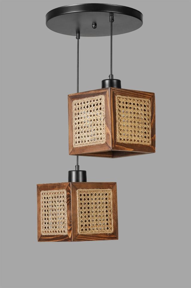 KUMSAL 2 Lİ TEPSİLİ CEVİZ RATTAN AVİZE