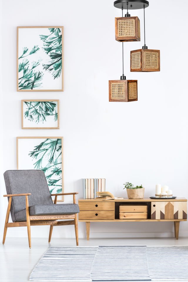 KUMSAL 3 LÜ TEPSİLİ CEVİZ RATTAN AVİZE