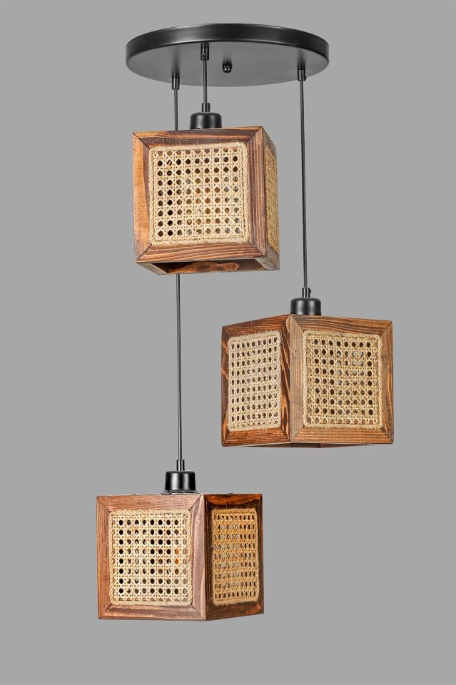 KUMSAL 3 LÜ TEPSİLİ CEVİZ RATTAN AVİZE
