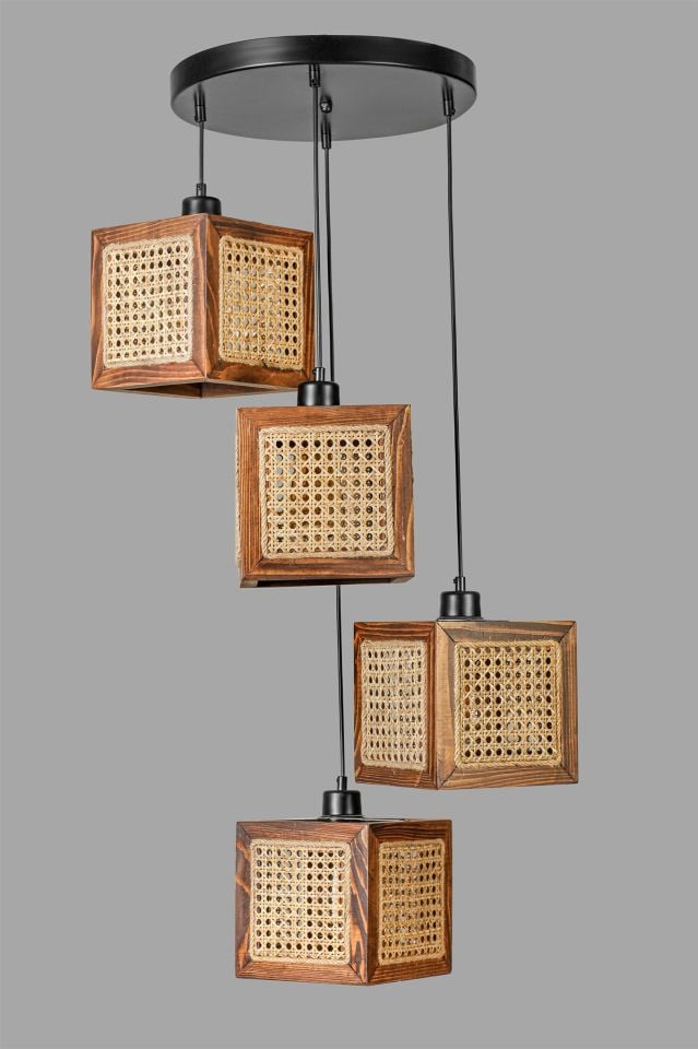 KUMSAL 4 LÜ TEPSİLİ CEVİZ RATTAN AVİZE