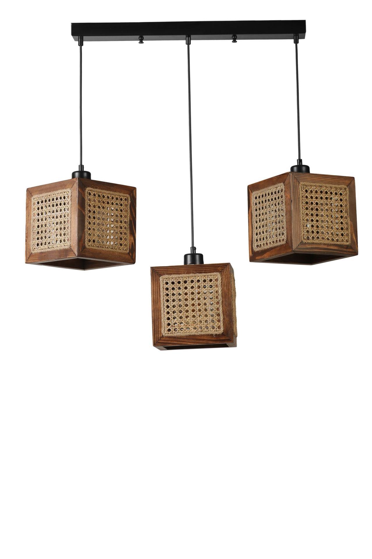 KUMSAL 3 LÜ SIRALI CEVİZ RATTAN AVİZE