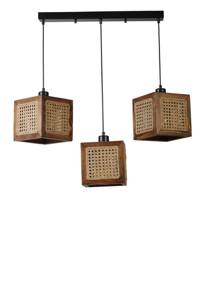 KUMSAL 3 LÜ SIRALI CEVİZ RATTAN AVİZE