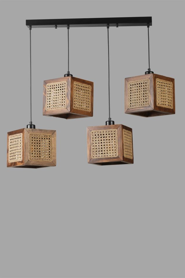 KUMSAL 4 LÜ SIRALI CEVİZ RATTAN AVİZE