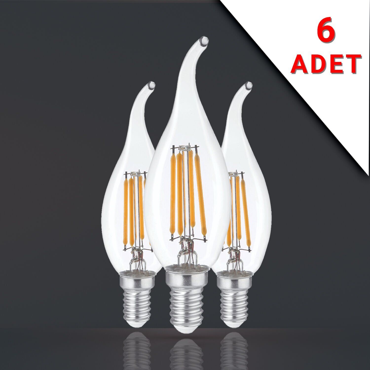 6 ADET KIVRIK UÇLU FİLAMANLI E14 RUSTİK AMPUL 6 WATT 3000K GÜN IŞIĞI