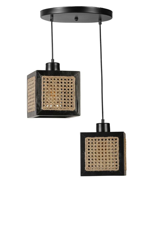 KUMSAL 2 Lİ TEPSİLİ SİYAH RATTAN AVİZE