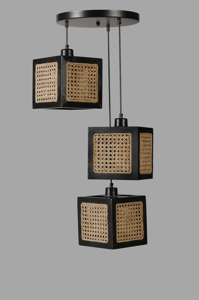 KUMSAL 3 LÜ TEPSİLİ SİYAH RATTAN AVİZE