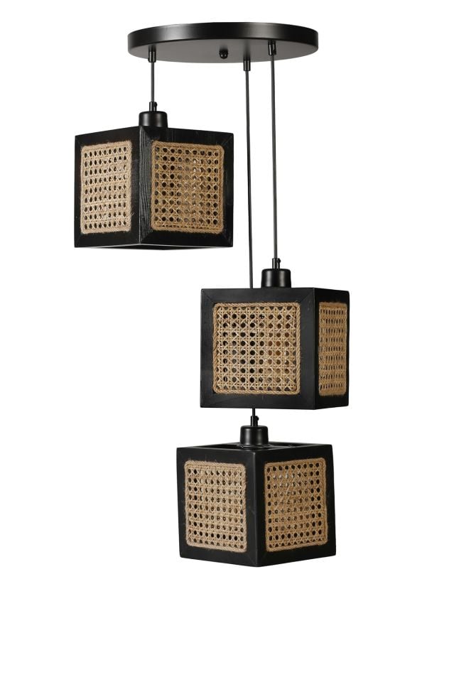 KUMSAL 3 LÜ TEPSİLİ SİYAH RATTAN AVİZE