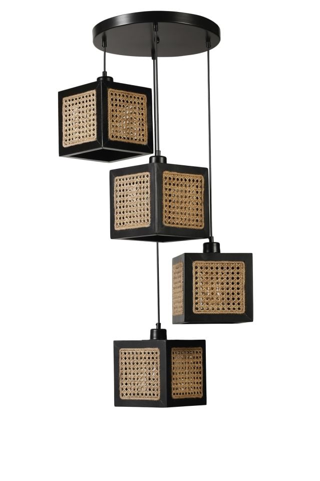 KUMSAL 4 LÜ TEPSİLİ SİYAH RATTAN AVİZE