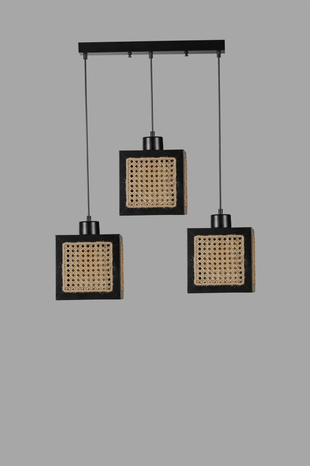 KUMSAL 3 LÜ SIRALI SİYAH RATTAN AVİZE
