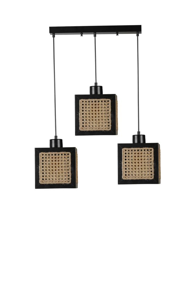 KUMSAL 3 LÜ SIRALI SİYAH RATTAN AVİZE