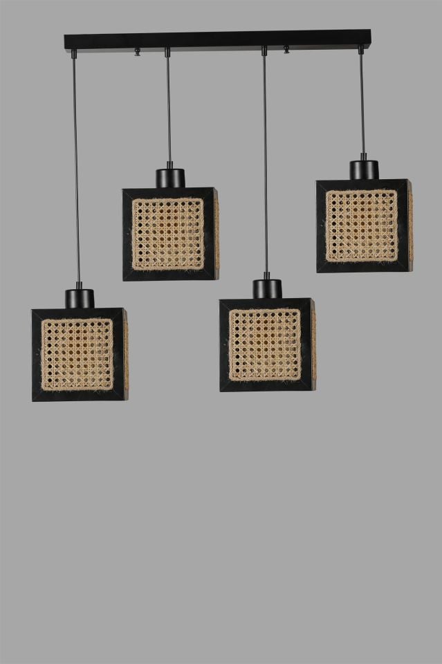 KUMSAL 4 LÜ SIRALI SİYAH RATTAN AVİZE